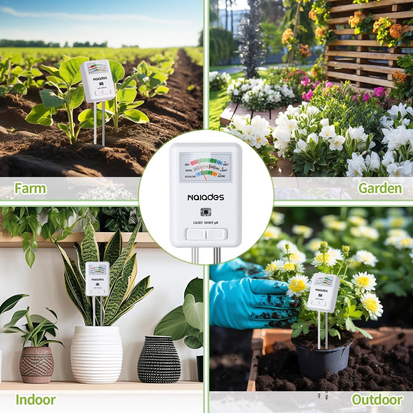 Professional 3-in-1 Soil Tester - Moisture/Light/pH Meter with Lab-Calibrated Probes, 90° Rotatable Display for Indoor/Outdoor Plants (Battery-Free) (White)