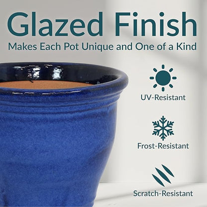 Sunnydaze Large Ceramic Plant Pot - Round Outdoor Glazed Ceramic Planter Pot with Drainage - Studio - Imperial Blue - 14.5"