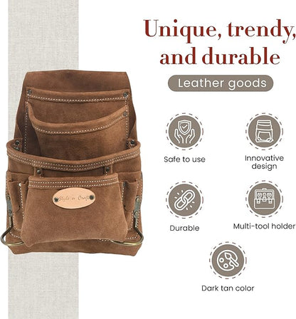 Style n Craft 10-Pocket Carpenter’s Nail and Tool Pouch, Heavy-Duty Suede Leather Pouch, Dark Tan (88923)