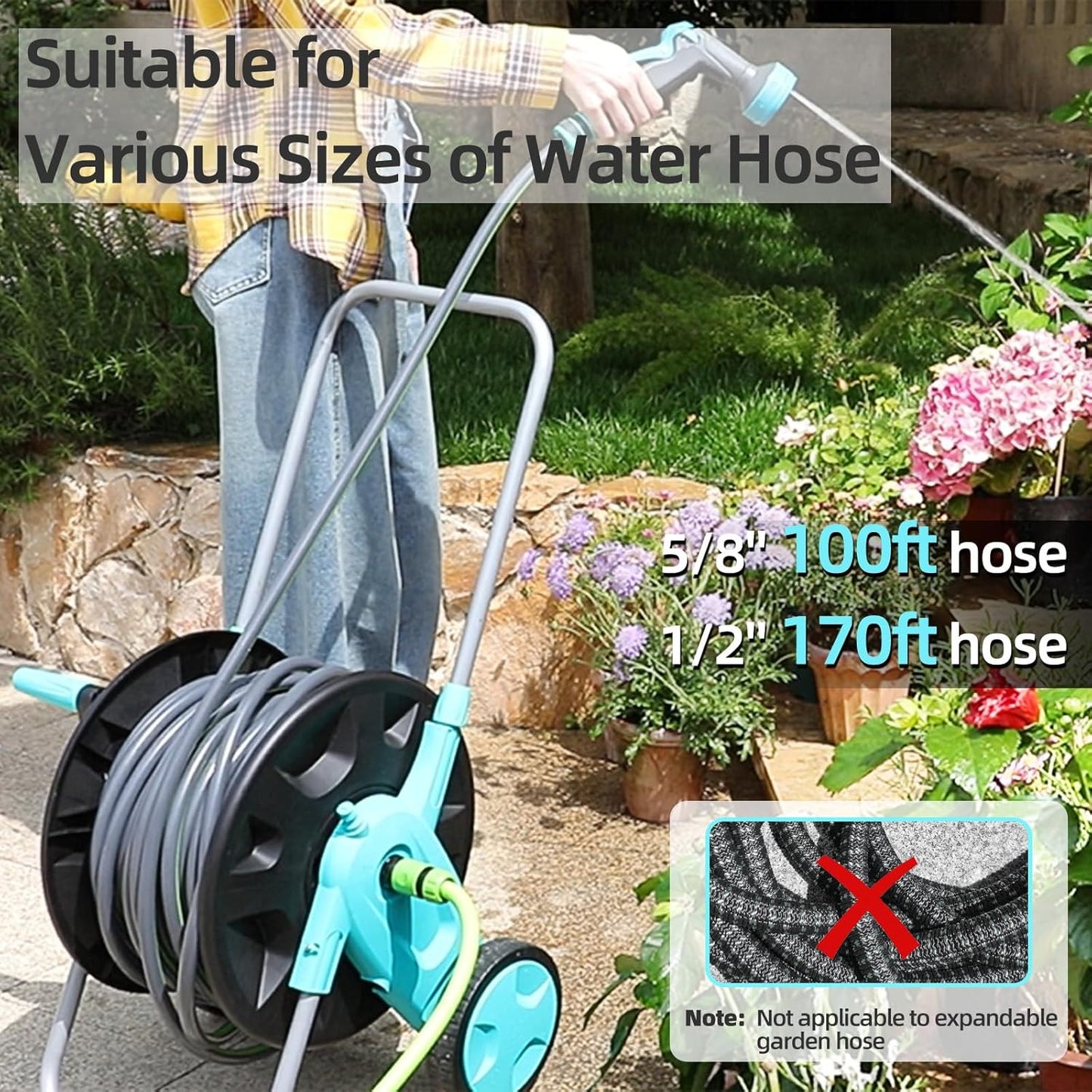 Portable Garden Hose Reel Cart, Hold Up to 75-100 Ft of 5/8 Inch Hose,Garden Water Pipe Holders Mobile Tools with 2 Wheels for Outside Hose Storage