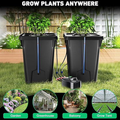 2 Buckets DWC Hydroponics Grow System with Top Drip Kit, 7 Gallon Deep Water Culture with Air Pump, Air Stone, Air Hose, Recirculating Drip Garden System