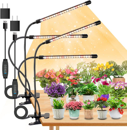4 Heads Grow Lights for Indoor Plants, Full Spectrum LED Plant Lamps with Clips and 120 inch Cables for Seeding Growing(with Adapter)