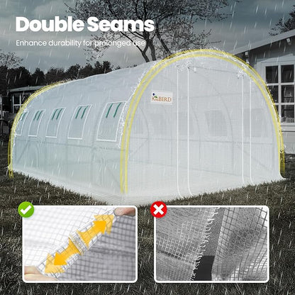 KING BIRD Premium 25x10x6.6FT Greenhouse for Outdoors, Large Walk-in Upgraded Galvanized Metal Frame, Mesh Door Screen Window Improved Zipper Tunnel Hoop for Garden Plant Winter, 2 Stiffeners, White