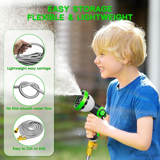 50FT Garden Hose Stainless Steel, Heavy Duty Flexible Metal Water Hose with 10-Function Nozzle, Lightweight & No-Kink Garden Hose, Durable Solid Fittings for Lawn, Car, RV, Outdoor Watering