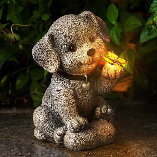 Solar Garden Statue Outdoor Decor,Dog Figurine with LED Lights,Birthdays Mother’s Day Housewarming Gift for Women, Mom, Grandma,Garden Gifts，Home Decoration with Butterfly