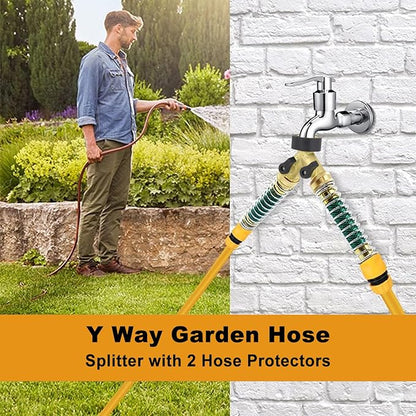 Brass Garden Hose Splitter 2 Way, All Body Metal Heavy Duty Water Splitter Y Way with 2 Hose Protectors Kink Free Hose Extension 10 Rubber Washers