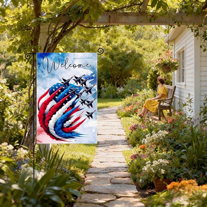 Patriotic Garden Flag 12x18 Inch Double Sided Outside, USA 4th of July Memorial Day Independence Day Watercolor Yard Outdoor Decoration(Fighter jet)