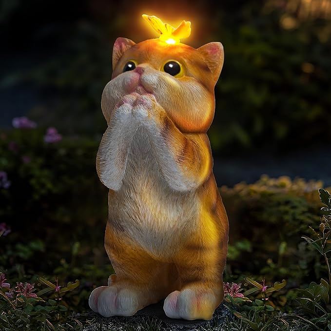 Solar Garden Decor Outdoor Statues Cat - Lawn Decor Statue for Patio, Balcony, Yard Ornament - Unique Gifts for Housewarming, Birthday, Christmas (Yellow)