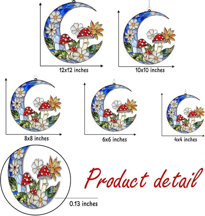 Mushroom Crescent Moon Boho Acrylic Suncatcher Stained Glass Effect Window Car Hanging Christmas Ornament Indoor Outdoor Decor Garden Sun Catcher Gifts for Bohemian Lover Gift for Women Mom Grandma