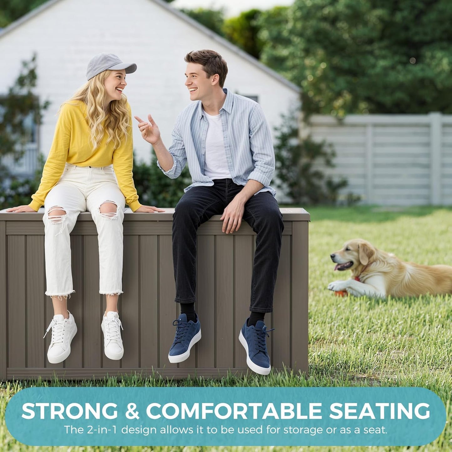 Outdoor Storage Box, Resin Deck Boxes Indoor and outdoor, Waterproof Storage Box Lockable Lid (Grey, 150 Gallon)