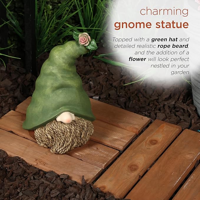 Alpine Corporation QWR1440 Outdoor Gnome Head with Rope Beard and Flower on Green Hat Garden Statue, 10" Tall