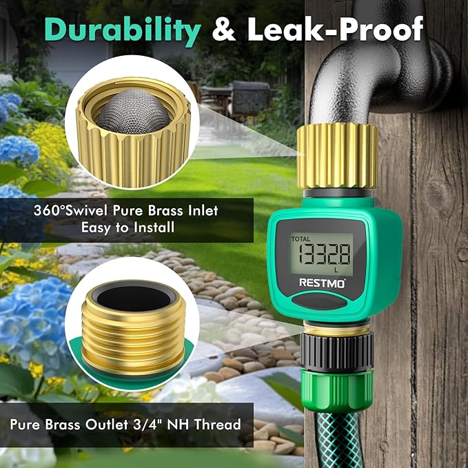 RESTMO Water Flow Meter with Brass Inlet & Outlet, Measure Gallon/Liter Consumption and Flow Rate for Outdoor Garden Hose Watering, RV Water Tank Filling, Lawn Sprinkler and Nozzle Sprayer