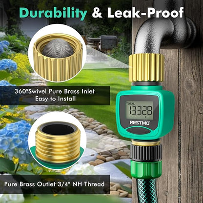RESTMO Water Flow Meter with Brass Inlet & Outlet, Measure Gallon/Liter Consumption and Flow Rate for Outdoor Garden Hose Watering, RV Water Tank Filling, Lawn Sprinkler and Nozzle Sprayer