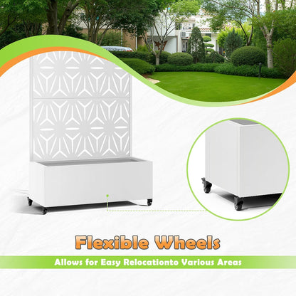 Metal Raised Garden Bed with Trellis, 2-in-1 Planter Box & Privacy Screen for Climbing Plants, Outdoor Standing Flower Bed with Drainage Holes, 35.4" L x 15.7" W x 70.1" H, White-Star