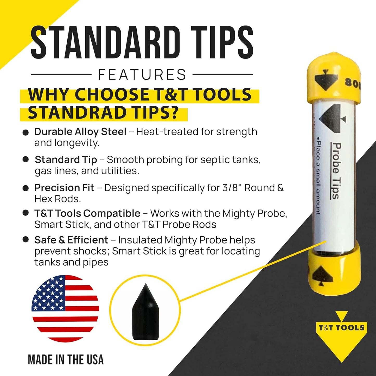 T&T Tools Standard Replacement Tips for 3/8" Soil Probe Rods - Compatible with Smart Stick & Mighty Probe - Ideal for Locating, Plumbing, Landscaping & Gardening Tools - Durable Metal Rod Tips, 3-Pack