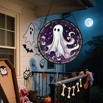 Stained Glass Window Hanging - Halloween Decorations White Ghost Purple Stars Suncatcher for Doors Garden Spooky Funny Sun Catchers Gothic Decor Horror Gifts for Women Men Friend 11.8 in