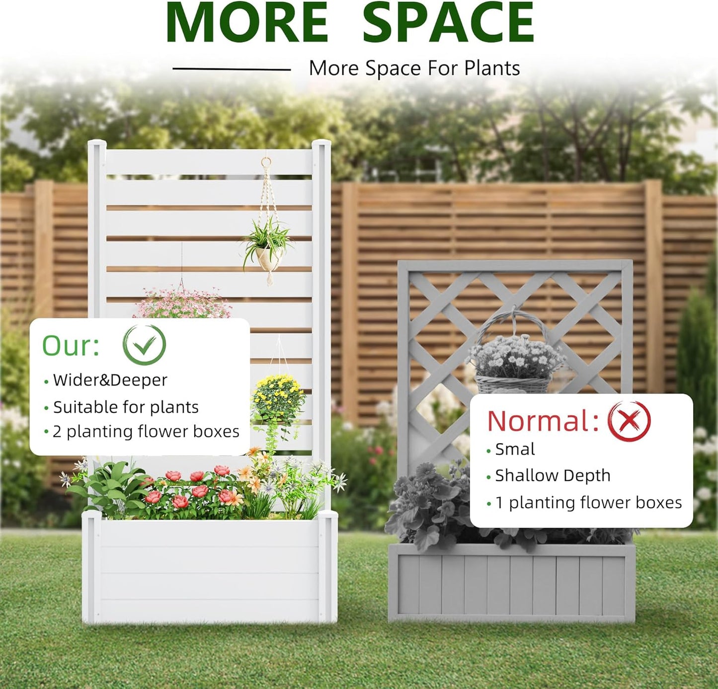 Casaphoria Raised Garden Bed with Trellis, 71"x35"x24" Planter Box with Open Bottom for Gardening Vegetables & Vines and Climbing Plants, White