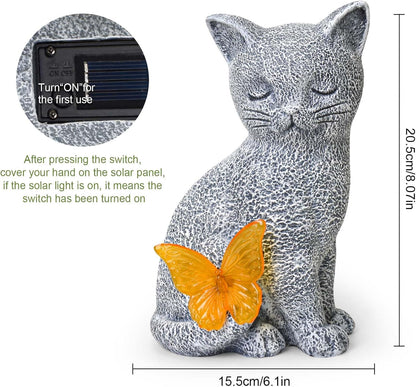 Solar Cat Garden Statue with Butterfly Light, Outdoor Garden Decor Cat Figurines Ornaments for Home Patio Yard Balcony Lawn, Cats Lover Gifts for Women, Mom, Grandma