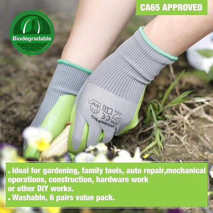 WORKPRO 6 Pairs Garden Gloves, Work Glove with Eco Latex Palm Coated, Gardening Glove, Working Gloves for Weeding, Digging, Raking, and Pruning (Large)