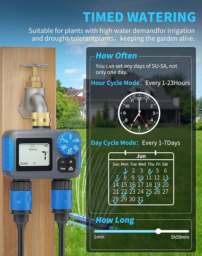 Sprinkler Timer, 2 Zone Programmable Hose Timers for Watering with Brass Swivel, Digital Irrigation Controller System with Rain Delay/Manual/Automatic Watering for Outdoor Garden Yard Lawn