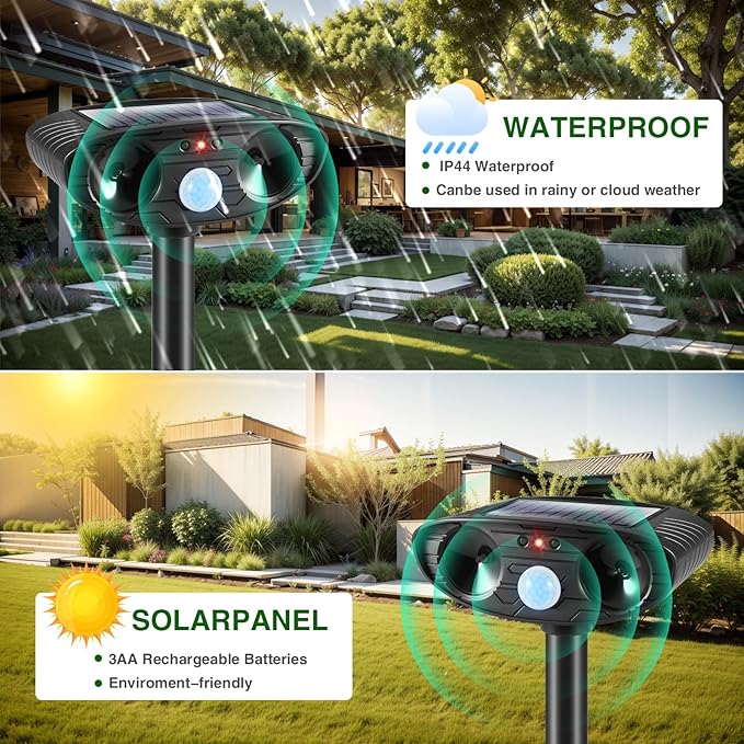 2025 2Pack Deer Repellent Device Ultrasonic Animal Repellent Outdoor Solar Animal Repeller with Motion Detection Cat Deterrent Outdoorto Scare Raccoon Dog Coyote Squirrel Skunk Fox Rabbit