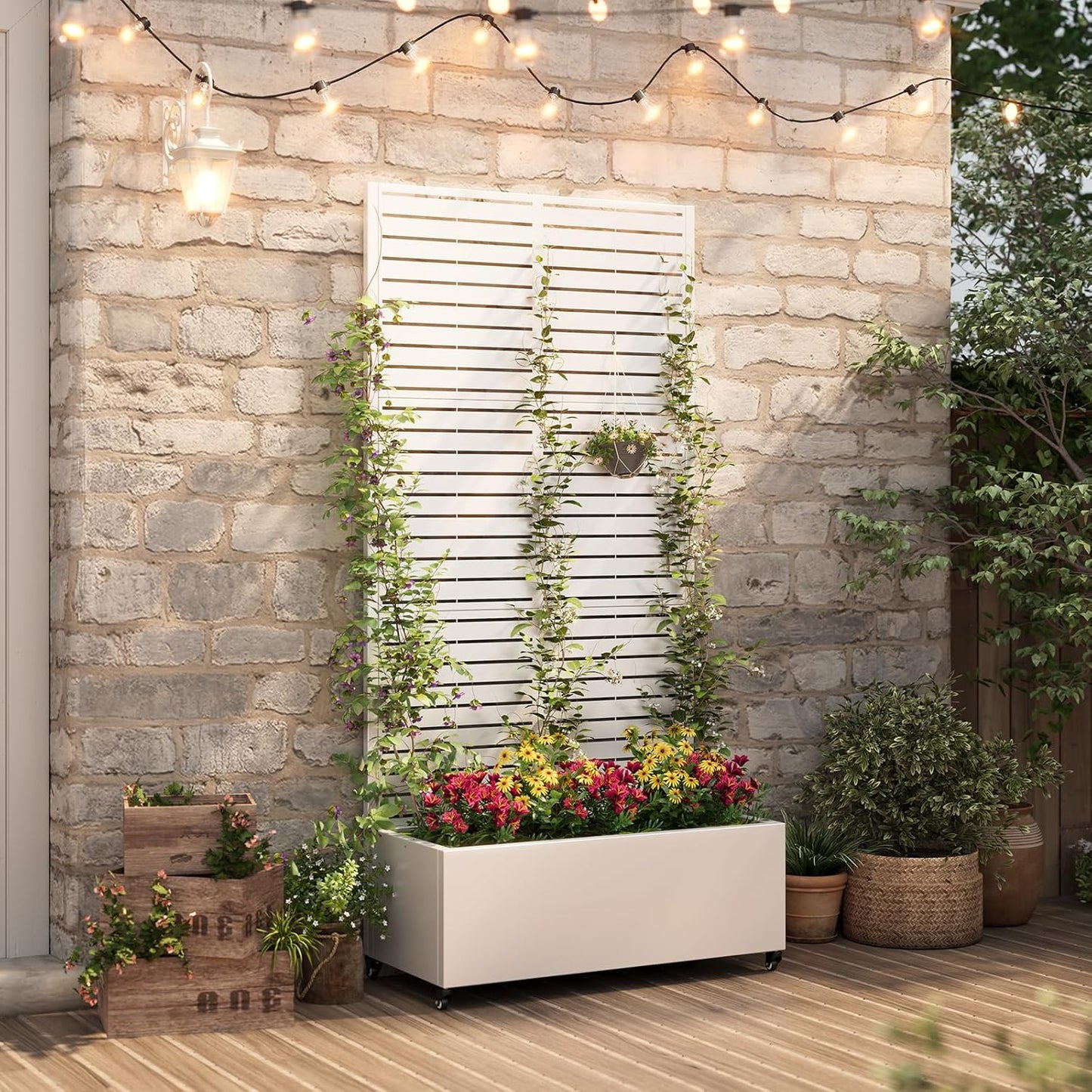 Metal Raised Garden Bed with Trellis & Wheels,72" x 35"x 15.7" Planter Box with Trellis,Privacy Planters for Patio,Garden Bed for Climbing Plants,Suitable for Climbing Plants and Vegetables,White