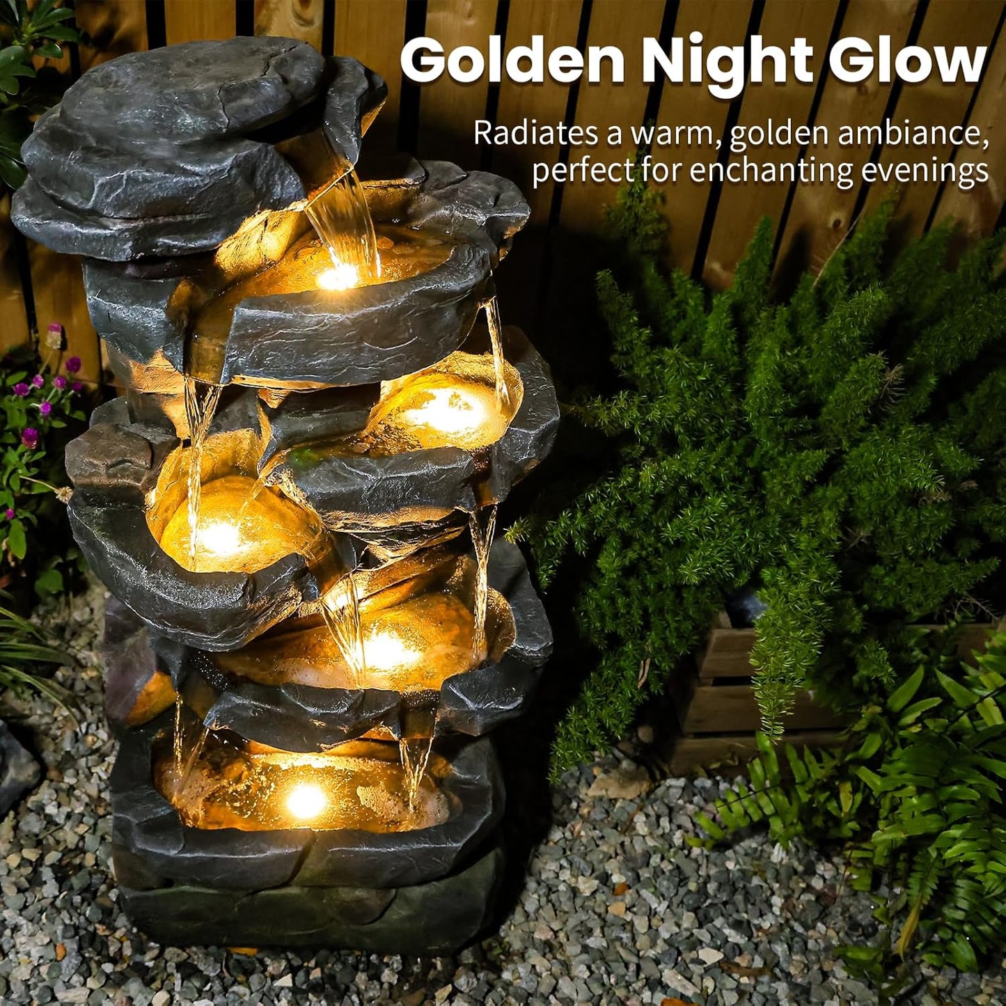6-Tier Cascading Rock Water Fountain Outdoor Resin Stone Imitation Waterfall with LED Lights, Indoor/Outdoor Decor for Garden, Patio, Backyard, Porch and Home Art Decor