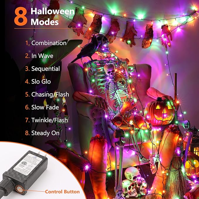 Brizled Mini Halloween Lights, 78.74ft 240 LED String Lights Connectable, 8 Modes Outdoor Halloween Lights, Spooky Tree Light with Timer for Carnival Party Decor, Purple & Green & Orange