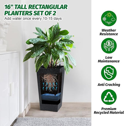 GarveeLife 22.5" Tall Planters Set of 2, Outdoor&Indoor Black Planter Pots, High Front Porch Planter Pots With Drainage Holes&Water Level Monitor&Inner Bucket, Automatic Watering, Black and White Dots