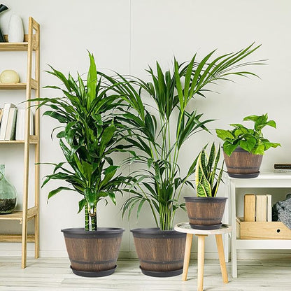 16-inch-Plant-Pots-Indoor-Outdoor, 4 Pack Large Whiskey Barrel Planters with Drainage Holes & Saucer, Plastic Flower Pots Imitation Wine Barrel Design, Decorative Garden Pots for Plants