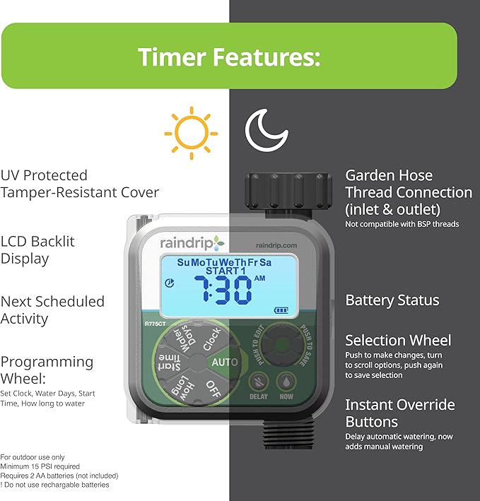 Raindrip Digital Hose-End Automatic Water Timer, Connects to Garden Faucets and Hose Bibbs, with Back-Lit LCD Screen for Drip Irrigation, Garden, Self-Watering, Grey