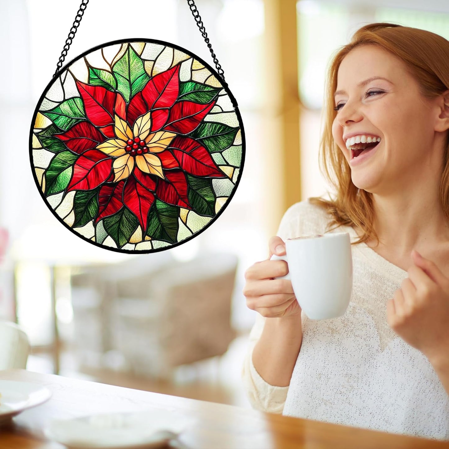 Stained Glass Window Hanging - Red Poinsettia Birth Flower Sun Catcher for Door Garden Home Decor Suncatcher Christmas Mother's Day Birthday Gifts for Women Men Mom Girl Nana Friend 7.8 in