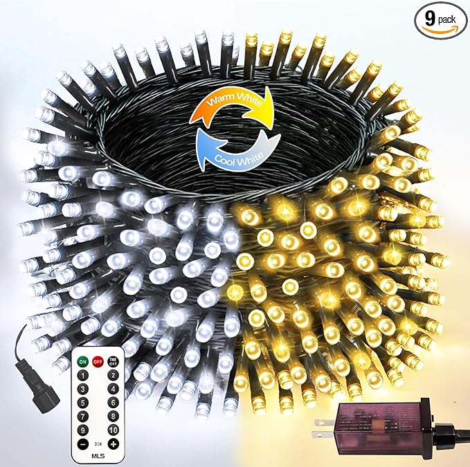 75.8 FT 200 LED Color Changing Christmas String Lights with Remote & Timer & Memory Function, 9 Lighting Modes Waterproof Fairy Lights for Xmas Tree Yard Holiday Party Garden (Warm White & Cool White)