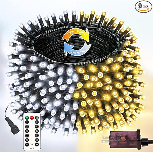 75.8 FT 200 LED Color Changing Christmas String Lights with Remote & Timer & Memory Function, 9 Lighting Modes Waterproof Fairy Lights for Xmas Tree Yard Holiday Party Garden (Warm White & Cool White)