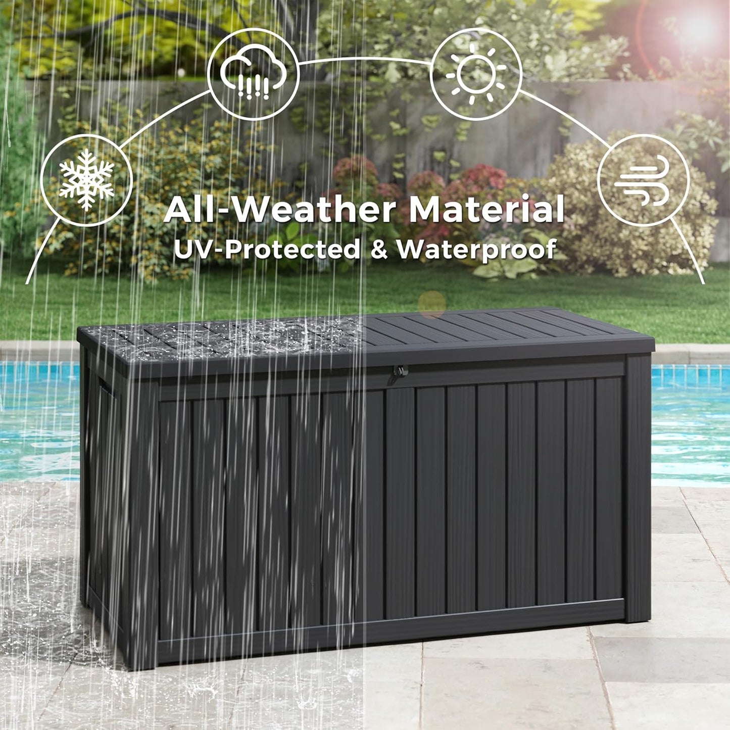 Outdoor Storage Box, Resin Deck Boxes Indoor and outdoor, Waterproof Storage Box Lockable Lid (Black, 150 Gallon)