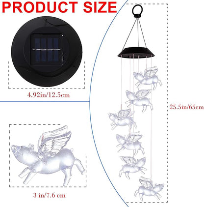 Color Changing LED Pigs Fly Wind Chimes Gift Portable Waterproof Mobile Romantic Fly Pigs Windchime, LED Solar Pig Wind Chime Lights Gift for Mom, Festival, Patio, Garden, Outdoor Decor(Black lid)