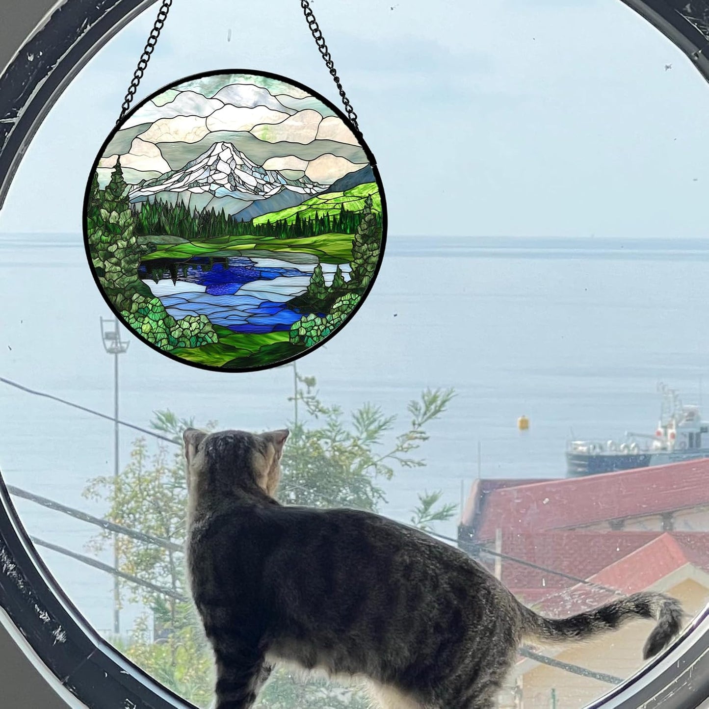 Stained Glass Window Hanging 4 Pcs Set Mountains Lake Green White Landscape 7.8" - Suncatcher Door Garden Sun Catcher Decor Birthday Christmas for Mom Woman Nana Men