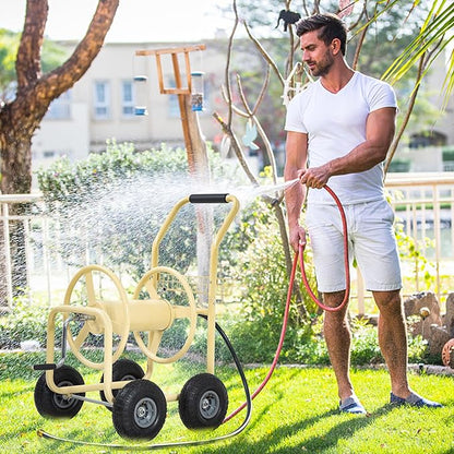 Hose Reel Hold Up To 300 Ft Heavy Duty Garden Hose Reel Sturdy Water Hose Reel Cart with 4 Wheels Storage Basket for Garden Lawn Yard Outdoor (Tan)