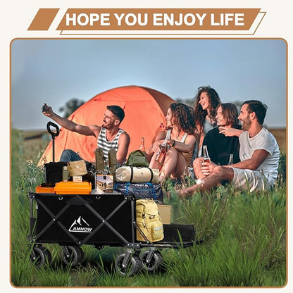 Collapsible Beach Wagon Cart with Big Wheels, 440LBS Upgrade Large Capacity Folding Wagon, Foldable Grocery Cart with Side Pocket and Brakes, Ideal for Sand Camping Outdoor Garden Sports, Black