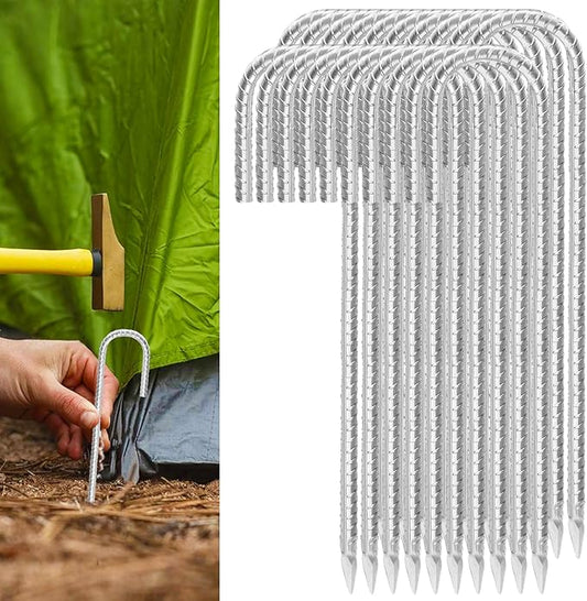 Rebar Stakes 16inx10mm Galvanized J Hook 20pcs – Heavy Duty Ground Tent Stakes for Fence,Bounce House,Outdoor Plants,Artificial Turf,Dog Coop,Metal Stakes for Christmas Decorations