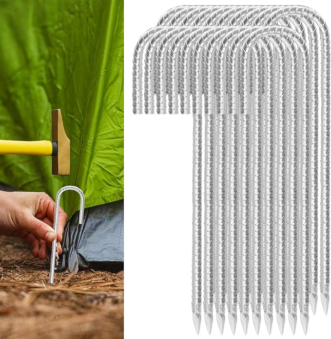 Rebar Stakes 12inx6mm Galvanized J Hook 20pcs – Heavy Duty Ground Tent Stakes for Fence,Bounce House,Outdoor Plants,Artificial Turf,Dog Coop,Metal Stakes for Christmas Decorations