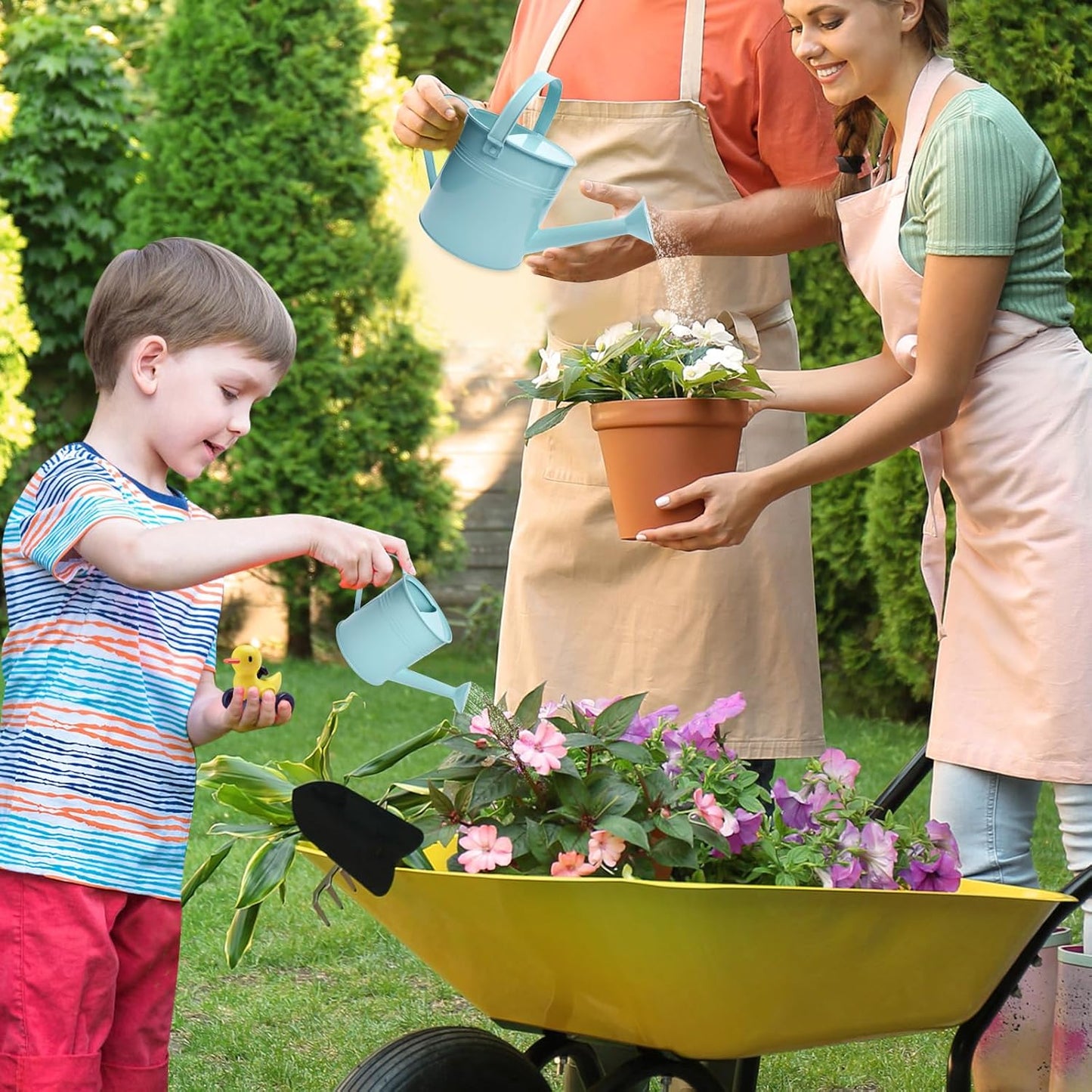 Small Metal Watering Can Set, Pink, 1.2L and 0.23L Garden Cans with Long Spout, Indoor Outdoor Plant Care (Green Blue)