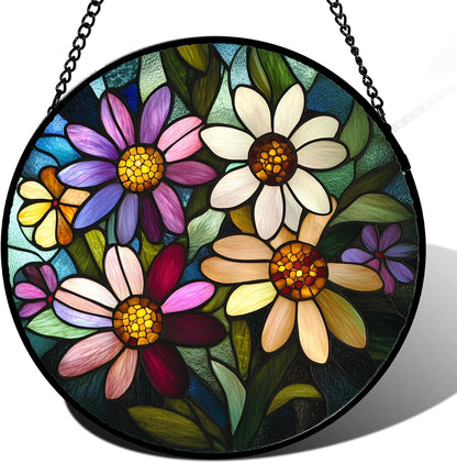 Stained Glass Window Hanging - Colorful Daisies Suncatcher for Door Garden Patio Retro Flower Sun Catchers Decor Christmas Mother's Day Birthday Gifts for Women Mom Nana Aunt Friend 7.8 in