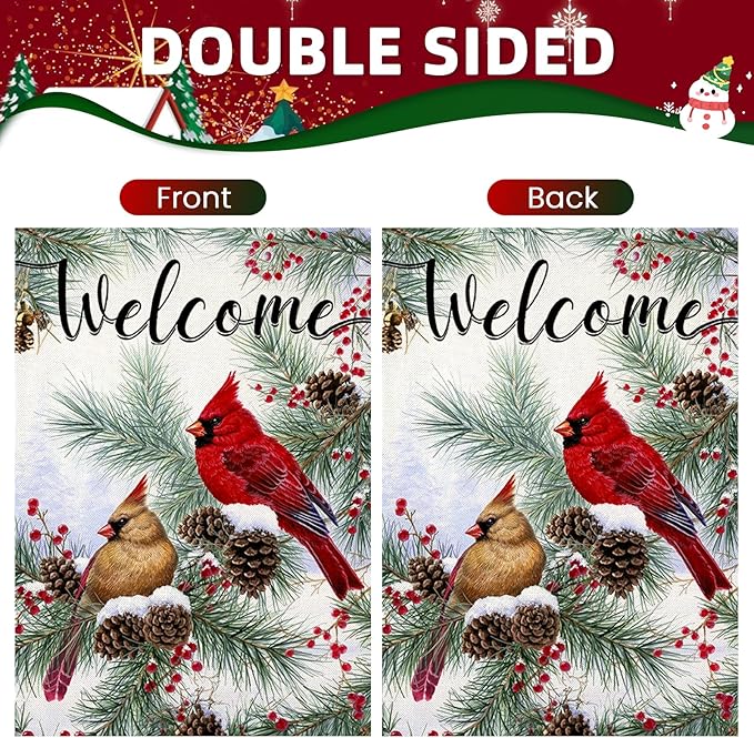 Welcome Christams Garden Flags for Outside Decoration, Cardinal Pine Twigs Berry Small Yard Flag, Seasonal Farmhouse Winter Xmas Holiday Outdoor Decor 12x18 Inch Vertical Double Sided