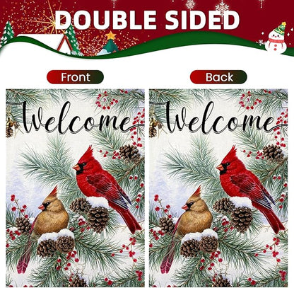 Welcome Christams Garden Flags for Outside Decoration, Cardinal Pine Twigs Berry Small Yard Flag, Seasonal Farmhouse Winter Xmas Holiday Outdoor Decor 12x18 Inch Vertical Double Sided