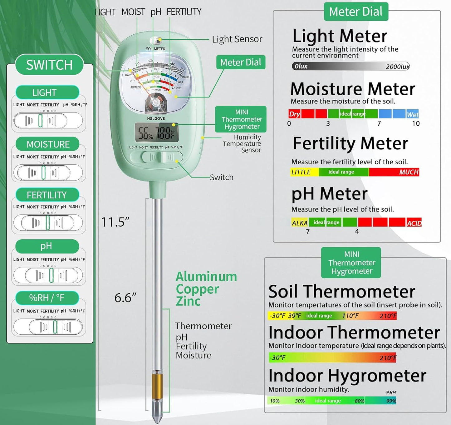 HSLGOVE Soil Test Kit, 7-in-One Soil Moisture Meter/Soil PH Meter/Fertility, Dual Screen Soil Tester w/Digital Soil Temp/Air Temp&Humidity for Plants Gardening,Lawn,Farm Indoor&Outdoor-LeafGreen