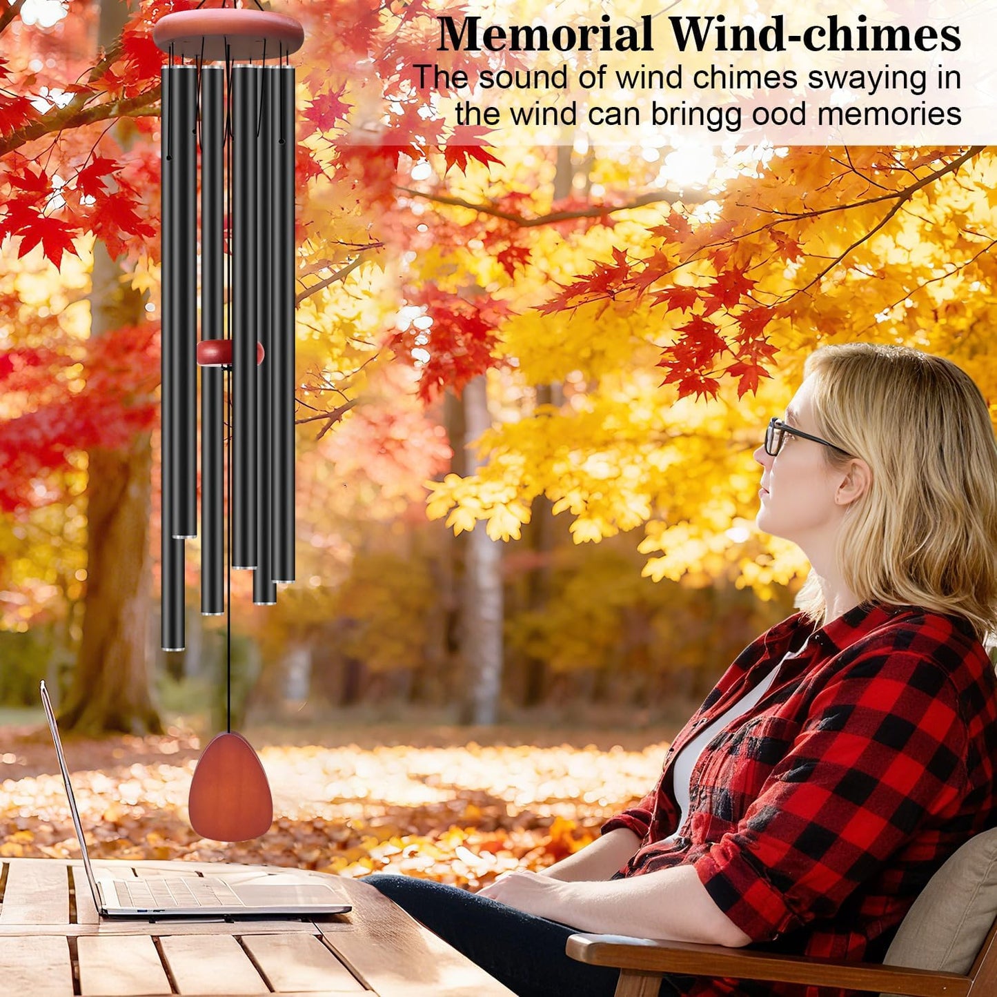 Large Wind Chimes for Outside Deep Tone, Soothing Melodic Memorial Sympathy Wind Chime, Suitable Outdoor Garden Decor, Gift for Mom Women Neighbors (Black Wind Chime -46 in)