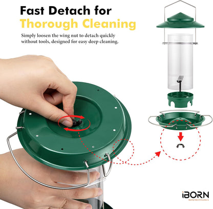iBorn Bird Feeder Metal Squirrel Chew-Proof Bird Feeders for Outdoors Hanging for Cardinal Outside, Holds 1.5LB Seed with 3 Perchs, Green (Seed is not Included)