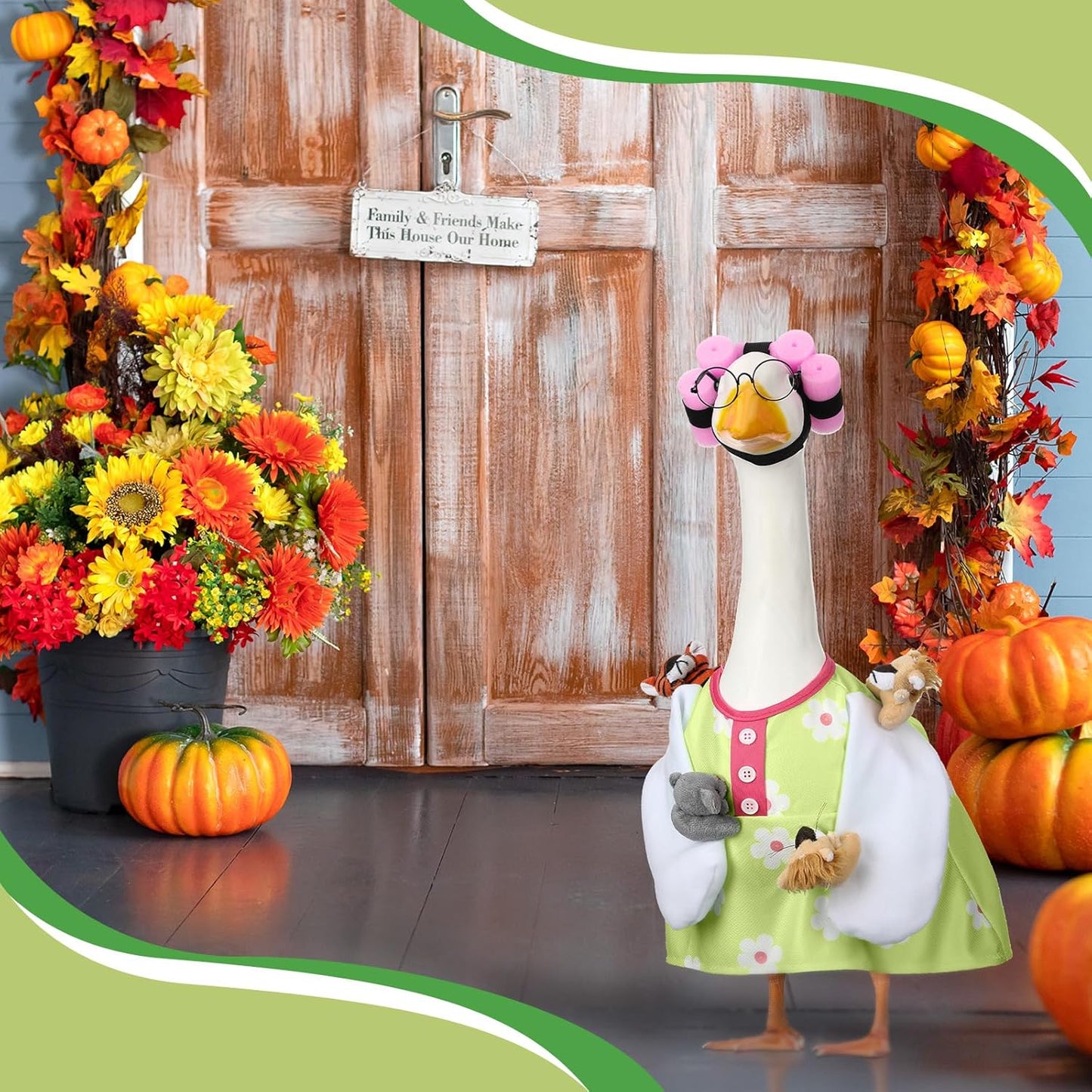 Suzile Funny Lady Porch Goose Outfit for 23'' Cement Goose Curler Wig Costume Glasses with Cute Animals for Halloween Christmas Parties Yard Lawn Outdoor Garden Patio Statue Xmas Santa Holiday Decor