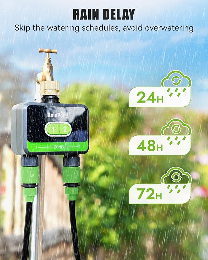 RAINPOINT Bluetooth Water Timer for Garden Hose, Smart Hose Timer 2 Outlet(Not Hub), Wireless Sprinkler Watering Timer with Rain Delay, Automatic Irrigation System for Lawns and Yard